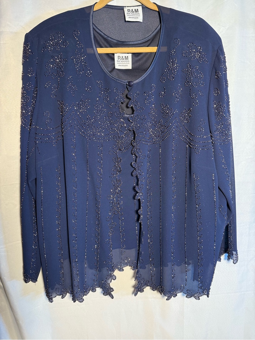 R&M Richards 3 Piece Pant Navy Beaded Set
